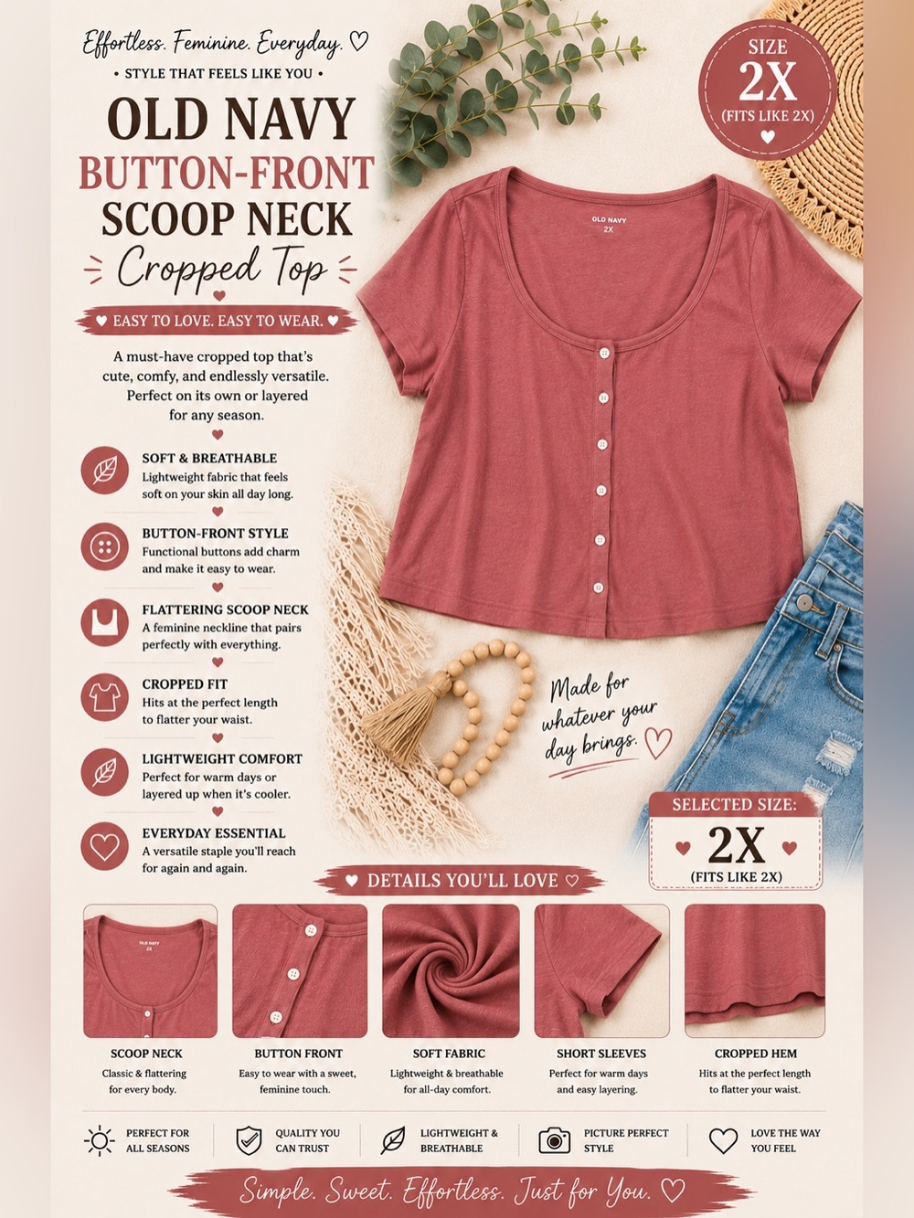 Old Navy Button-Front Scoop Neck Top - Dusty Rose